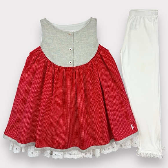 Sz 7 Well Dressed Wolf red dot Sandy tunic/dress & Omi Jo white leggings set - Picture 1 of 6